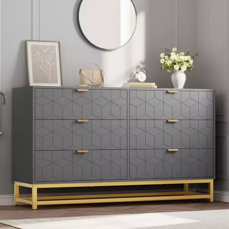 Dresser for Bedroom, 53.5 Large Dresser Organizer, 6 Drawer with Golden Metal Handle and Legs, Modern Chest of Drawers, Dressers with Drawers