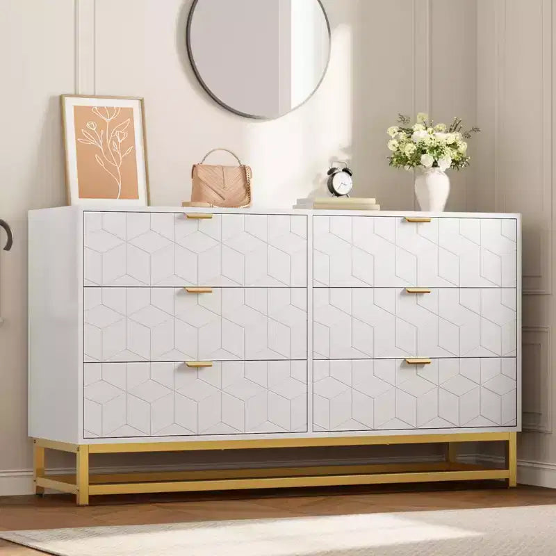 Dresser for Bedroom, 53.5 Large Dresser Organizer, 6 Drawer with Golden Metal Handle and Legs, Modern Chest of Drawers, Dressers with Drawers