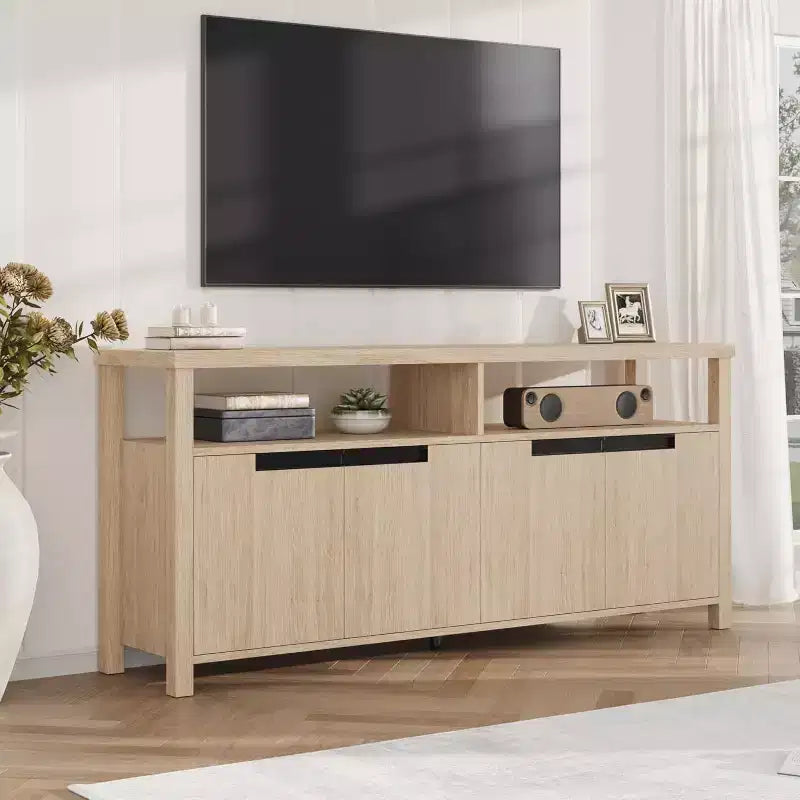 63 Inch Farmhouse TV Stand for TVs up to 70 Inch, Rustic Entertainment Center with 4 Door and Open Shelf, for Living Room, Bedroom