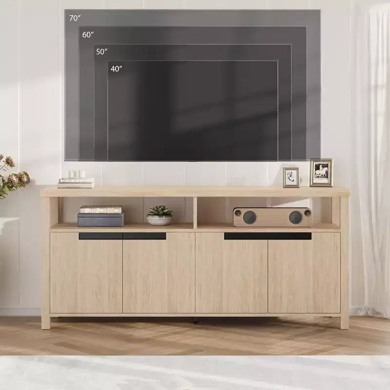 63 in. Farmhouse TV Stand for TVs up to 70 in., Rustic Entertainment Center with 4 Doors and Open Shelf