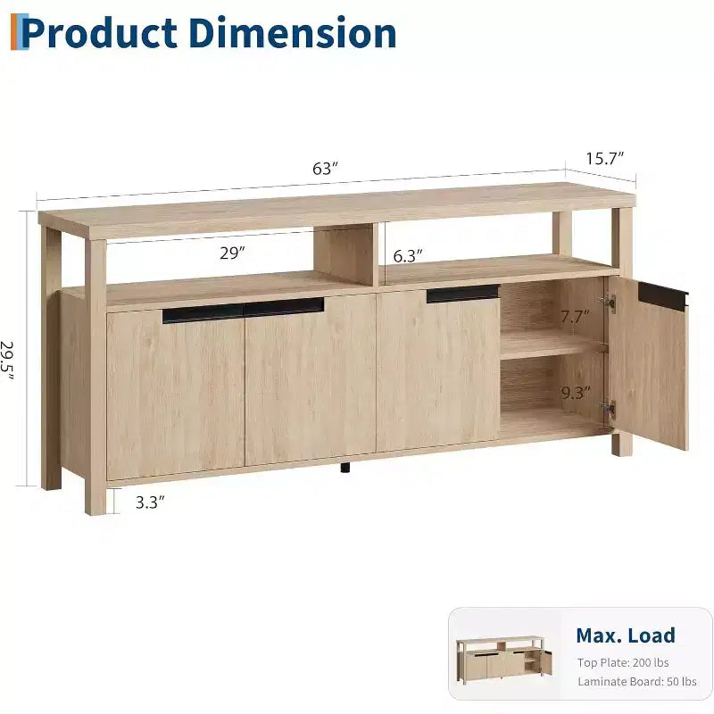 63 in. Farmhouse TV Stand for TVs up to 70 in., Rustic Entertainment Center with 4 Doors and Open Shelf