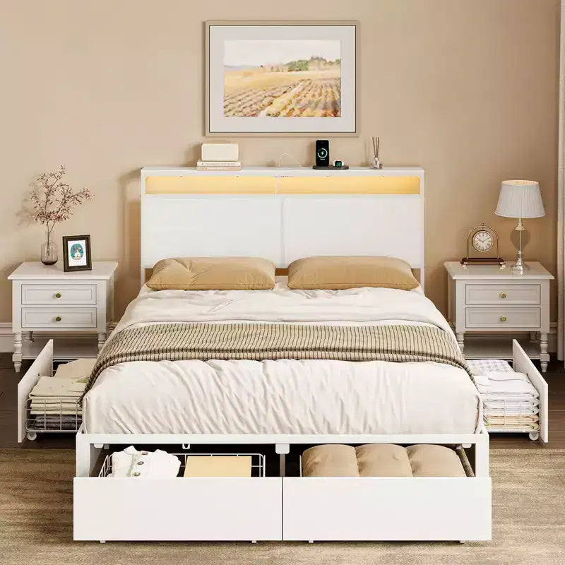 Modern Bed Frame with 4 Storage Drawers, LED Headboard and Charging Station