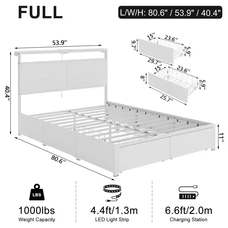 Modern Bed Frame with 4 Storage Drawers, LED Headboard and Charging Station