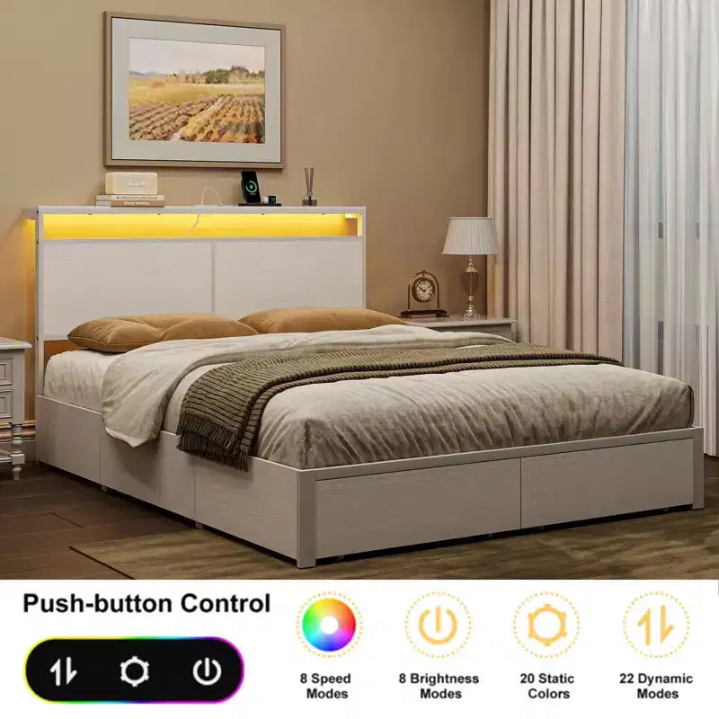 Modern Bed Frame with 4 Storage Drawers, LED Headboard and Charging Station
