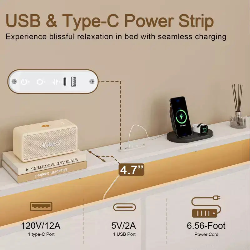 Modern Bed Frame with 4 Storage Drawers, LED Headboard and Charging Station
