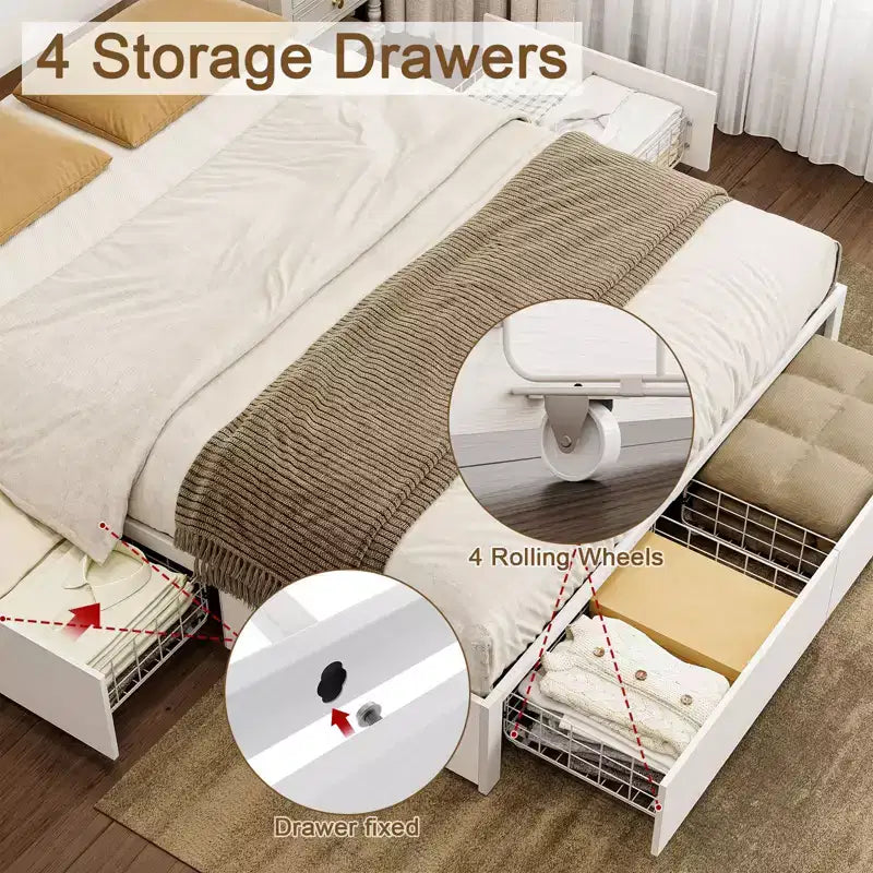 Modern Bed Frame with 4 Storage Drawers, LED Headboard and Charging Station