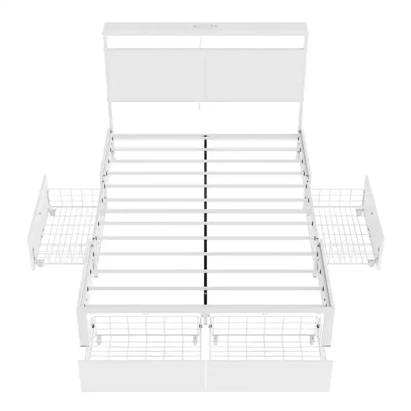 Modern Bed Frame with 4 Storage Drawers, LED Headboard and Charging Station