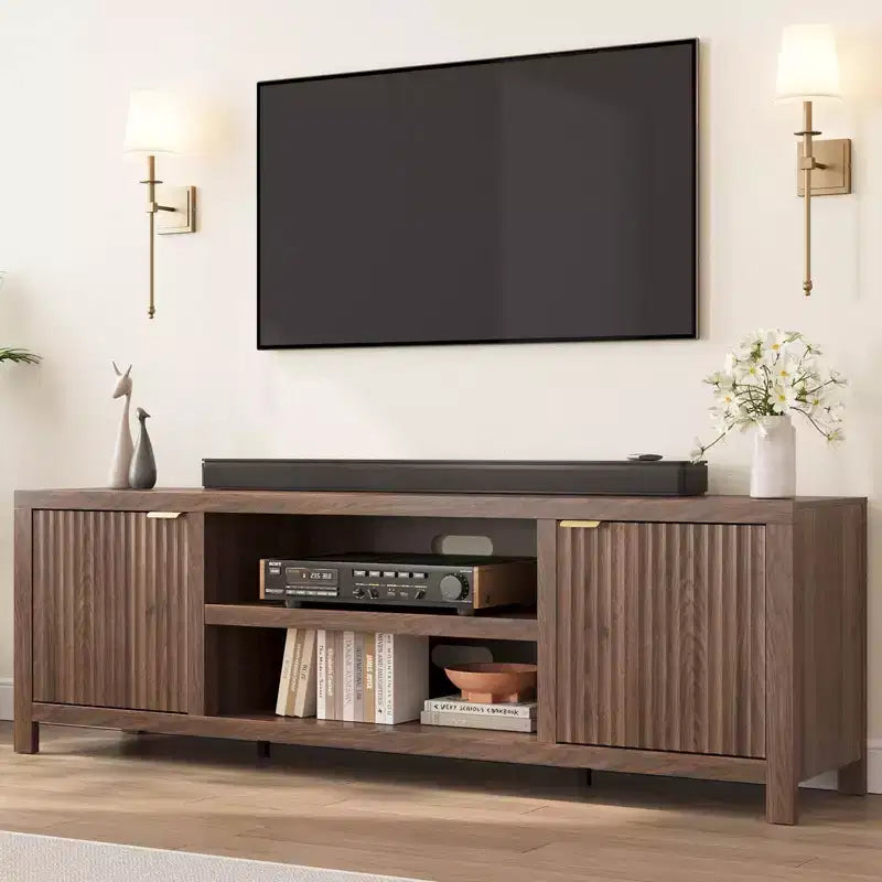 Fluted TV Stand for 80 inch, Modern Entertainment Center with Adjustable Shelves, Natural Oak TV & Media Cabinet 2-Tier Storage