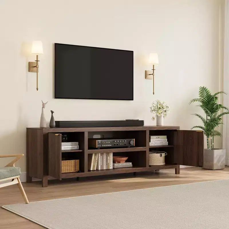 Fluted TV Stand for 80 inch, Modern Entertainment Center with Adjustable Shelves, Natural Oak TV & Media Cabinet 2-Tier Storage