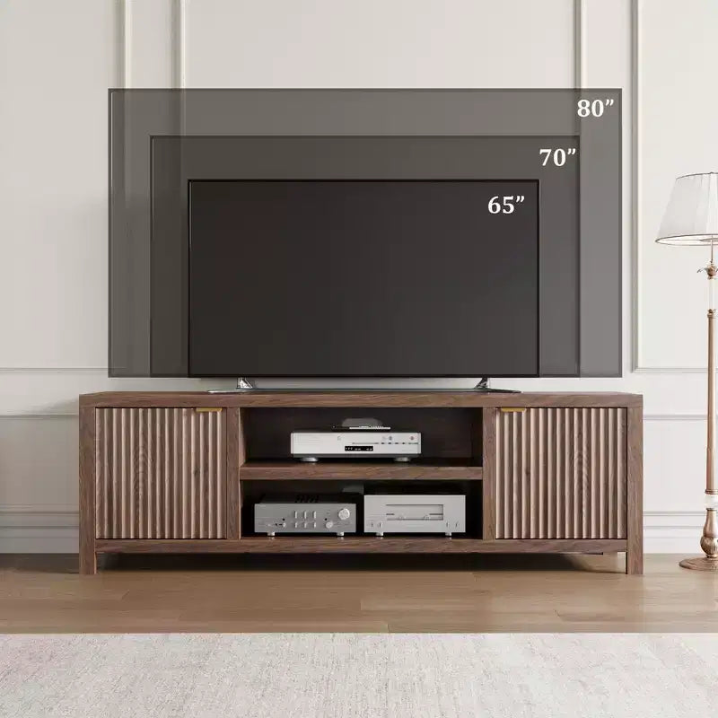 Fluted TV Stand for 80 inch, Modern Entertainment Center with Adjustable Shelves, Natural Oak TV & Media Cabinet 2-Tier Storage