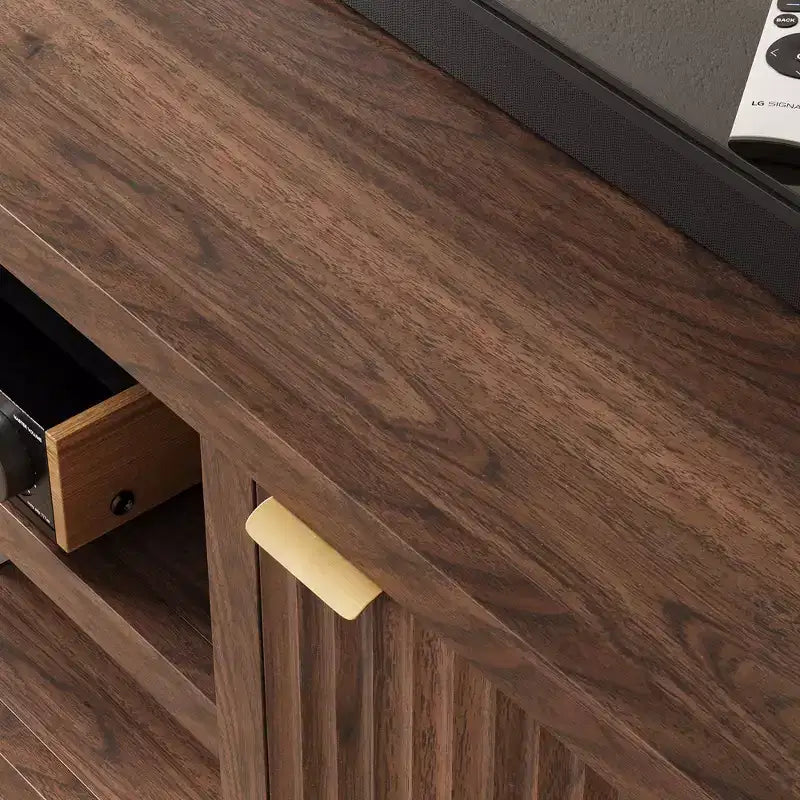 Fluted TV Stand for 80 inch, Modern Entertainment Center with Adjustable Shelves, Natural Oak TV & Media Cabinet 2-Tier Storage