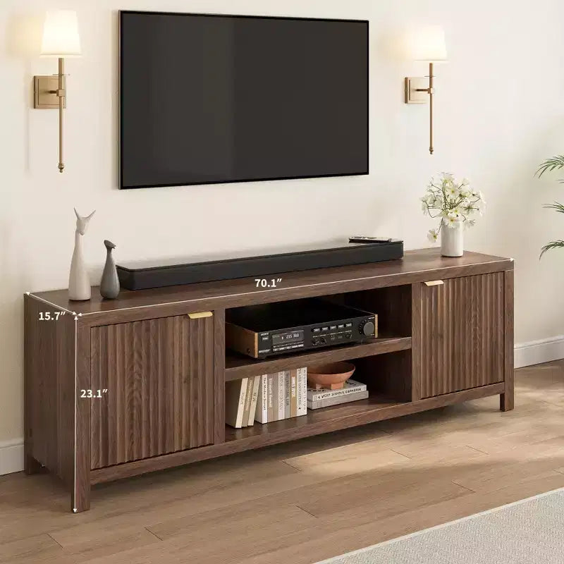 Fluted TV Stand for 80 inch, Modern Entertainment Center with Adjustable Shelves, Natural Oak TV & Media Cabinet 2-Tier Storage