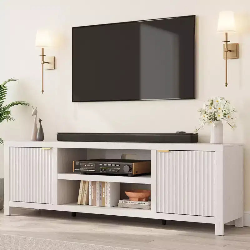 Fluted TV Stand for 80 inch, Modern Entertainment Center with Adjustable Shelves, Natural Oak TV & Media Cabinet 2-Tier Storage