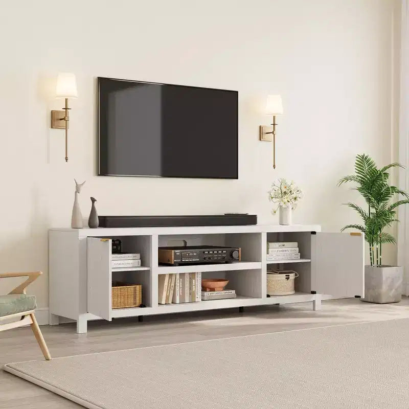 Fluted TV Stand for 80 inch, Modern Entertainment Center with Adjustable Shelves, Natural Oak TV & Media Cabinet 2-Tier Storage