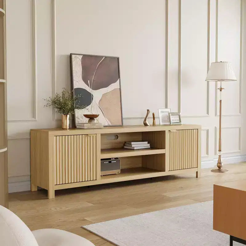 Fluted TV Stand for 80 inch, Modern Entertainment Center with Adjustable Shelves, Natural Oak TV & Media Cabinet 2-Tier Storage
