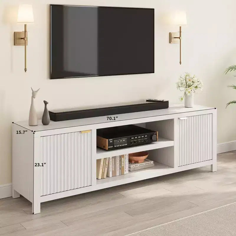 Fluted TV Stand for 80 inch, Modern Entertainment Center with Adjustable Shelves, Natural Oak TV & Media Cabinet 2-Tier Storage