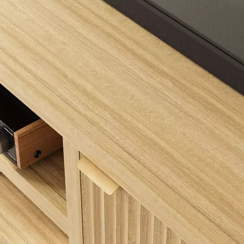 Fluted TV Stand for 80 inch, Modern Entertainment Center with Adjustable Shelves, Natural Oak TV & Media Cabinet 2-Tier Storage