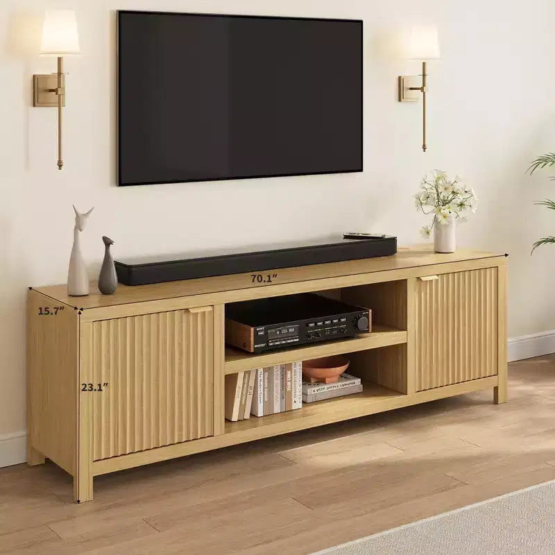 Fluted TV Stand for 80 inch, Modern Entertainment Center with Adjustable Shelves, Natural Oak TV & Media Cabinet 2-Tier Storage