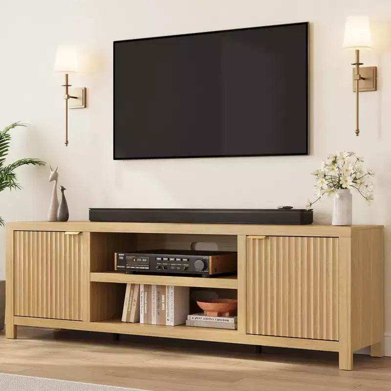 Fluted TV Stand for 80 inch, Modern Entertainment Center with Adjustable Shelves, Natural Oak TV & Media Cabinet 2-Tier Storage