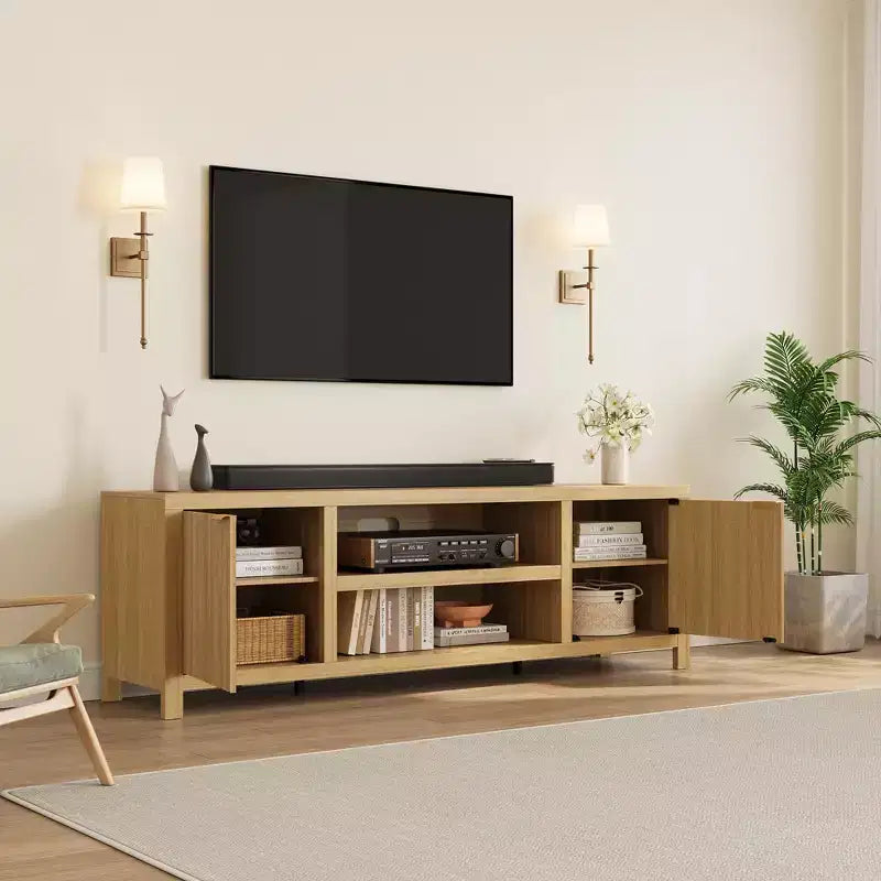 Fluted TV Stand for 80 inch, Modern Entertainment Center with Adjustable Shelves, Natural Oak TV & Media Cabinet 2-Tier Storage