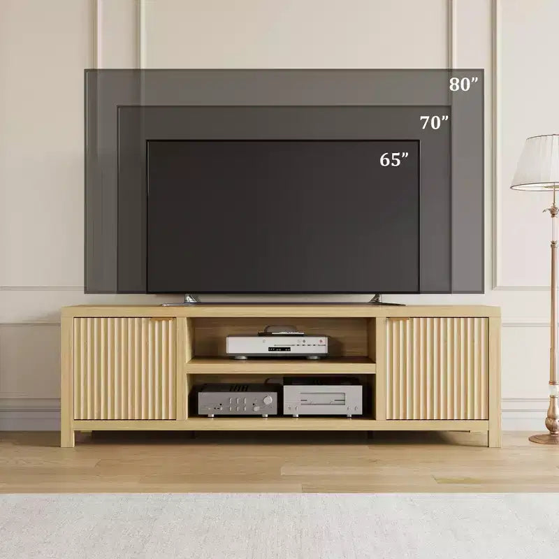 Fluted TV Stand for 80 inch, Modern Entertainment Center with Adjustable Shelves, Natural Oak TV & Media Cabinet 2-Tier Storage