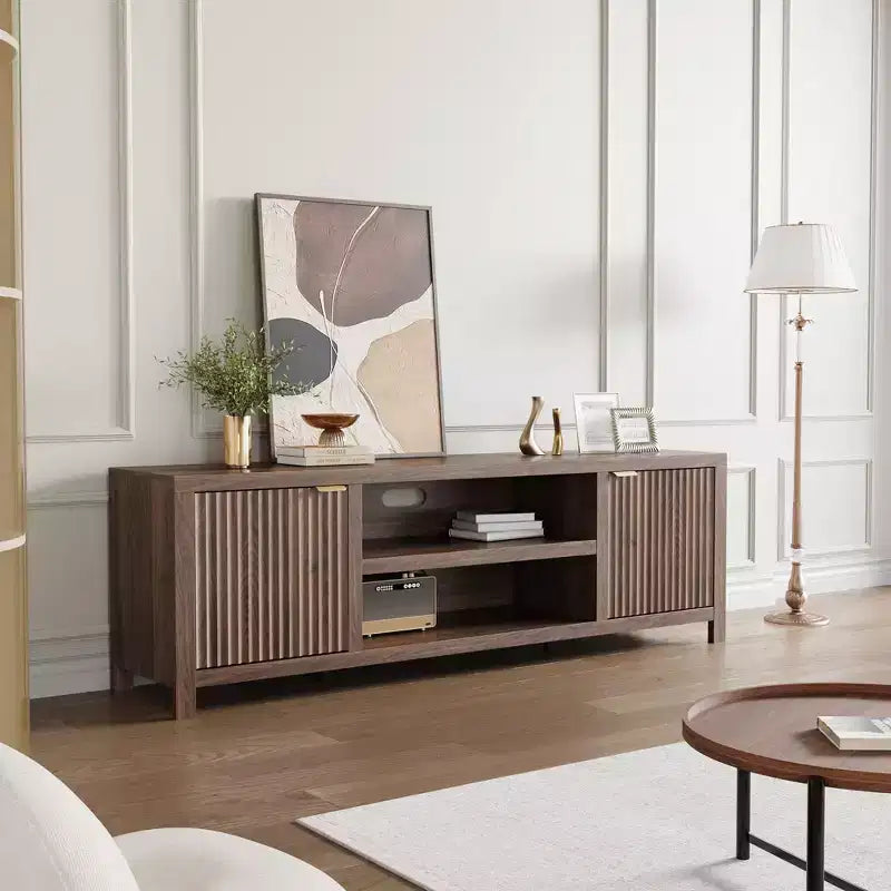 Fluted TV Stand for 80 inch, Modern Entertainment Center with Adjustable Shelves, Natural Oak TV & Media Cabinet 2-Tier Storage