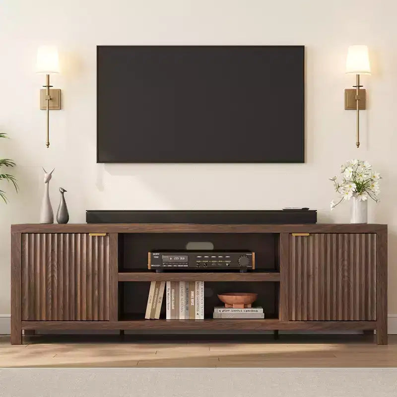 Fluted TV Stand for 80 inch, Modern Entertainment Center with Adjustable Shelves, Natural Oak TV & Media Cabinet 2-Tier Storage