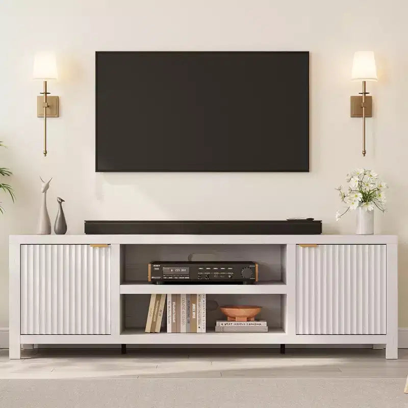 Fluted TV Stand for 80 inch, Modern Entertainment Center with Adjustable Shelves, Natural Oak TV & Media Cabinet 2-Tier Storage