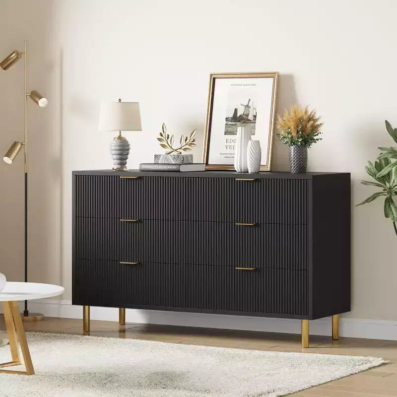 Acekool Modern 6-Drawer Dresser with Gold Handles, Fluted Panels & Spacious Storage