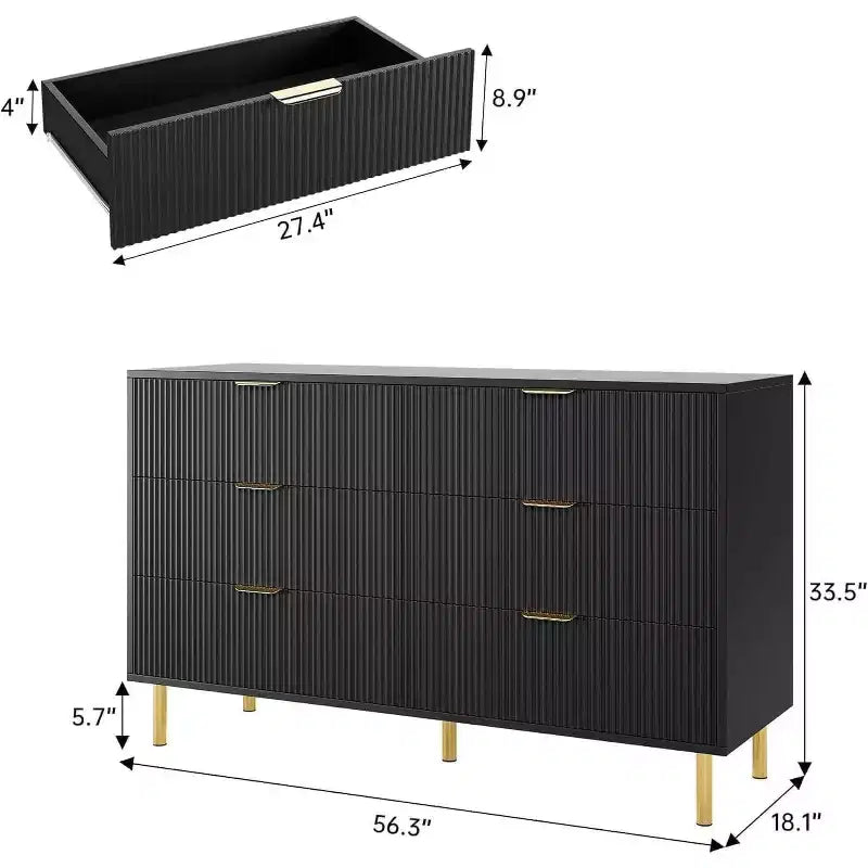 Modern 6-Drawer Dresser with Gold Handles and Fluted Panels, Spacious Storage
