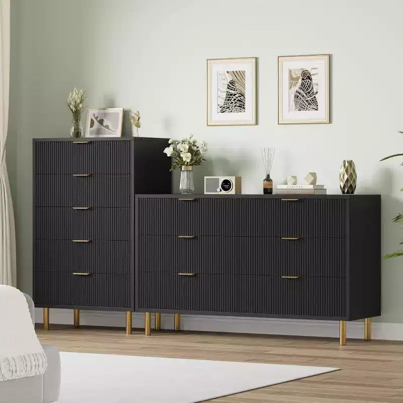 Modern 6-Drawer Dresser with Gold Handles and Fluted Panels, Spacious Storage