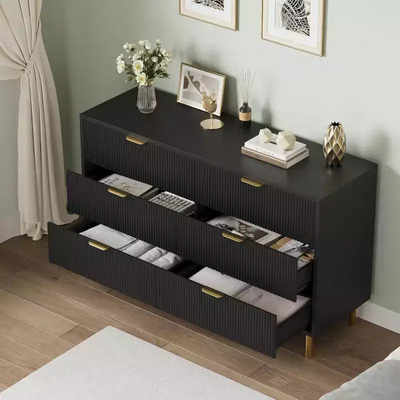 Modern 6-Drawer Dresser with Gold Handles and Fluted Panels, Spacious Storage