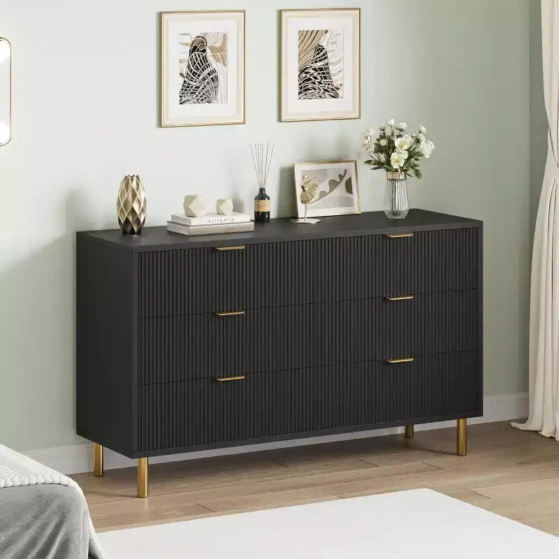 Modern 6-Drawer Dresser with Gold Handles and Fluted Panels, Spacious Storage