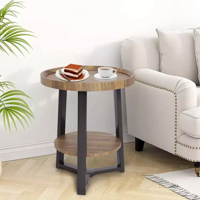 Round Side Table, 2 Tier Bedside Table with Storage, Modern Wood Small Nightstand for Living Room, Bathroom, Bedroom, Walnut