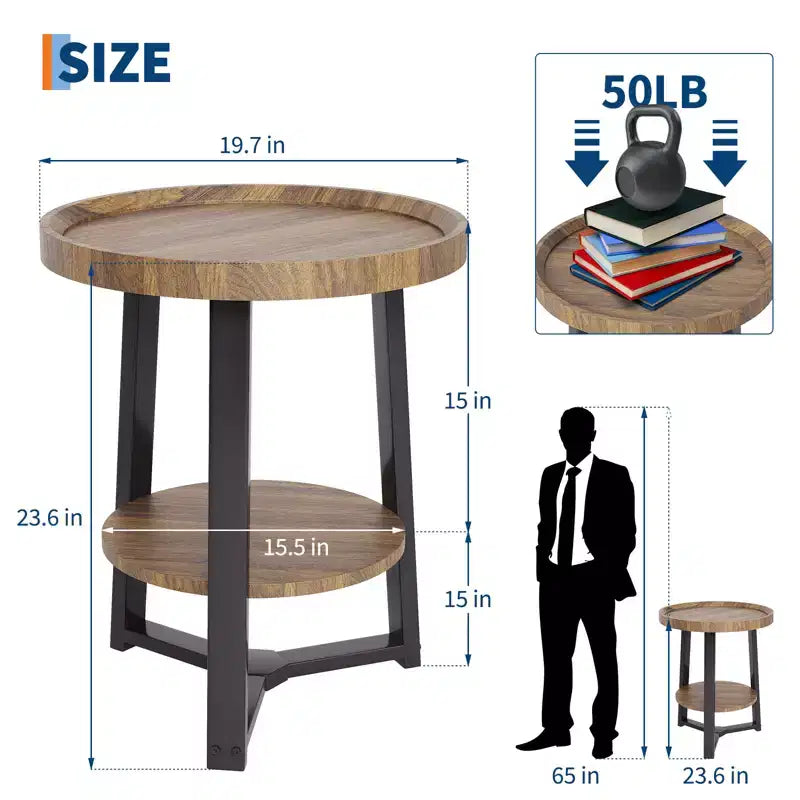 Round Side Table, 2 Tier Bedside Table with Storage, Modern Wood Small Nightstand for Living Room, Bathroom, Bedroom, Walnut