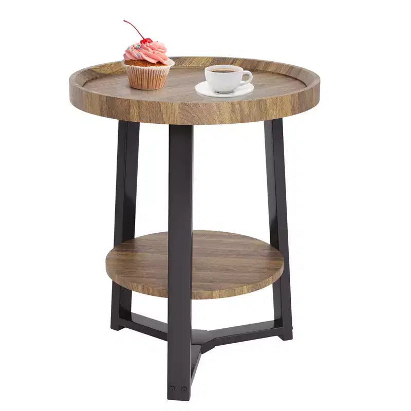 Round Side Table, 2 Tier Bedside Table with Storage, Modern Wood Small Nightstand for Living Room, Bathroom, Bedroom, Walnut