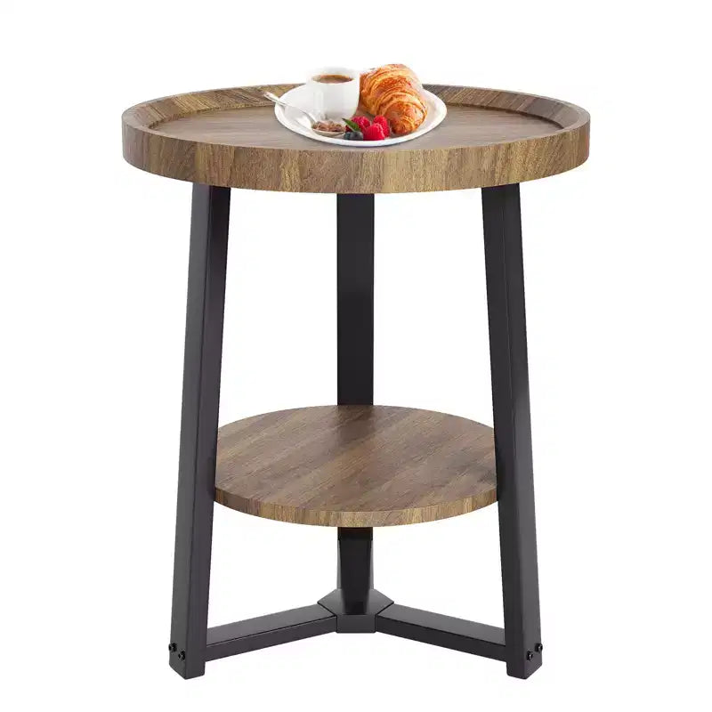 Round Side Table, 2 Tier Bedside Table with Storage, Modern Wood Small Nightstand for Living Room, Bathroom, Bedroom, Walnut