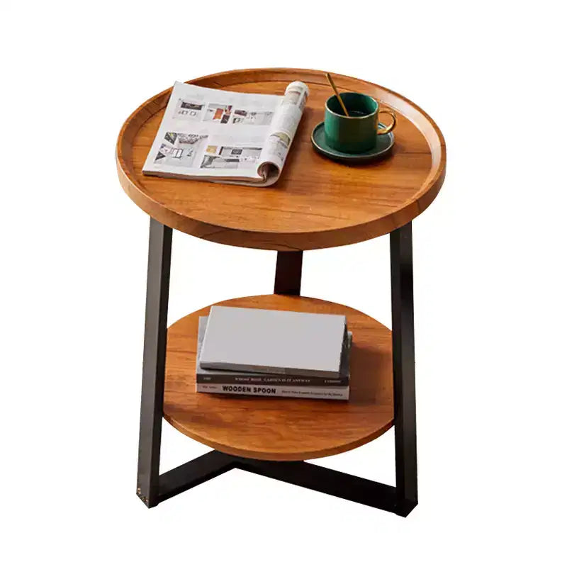 Round Side Table, 2 Tier Bedside Table with Storage, Modern Wood Small Nightstand for Living Room, Bathroom, Bedroom, Walnut