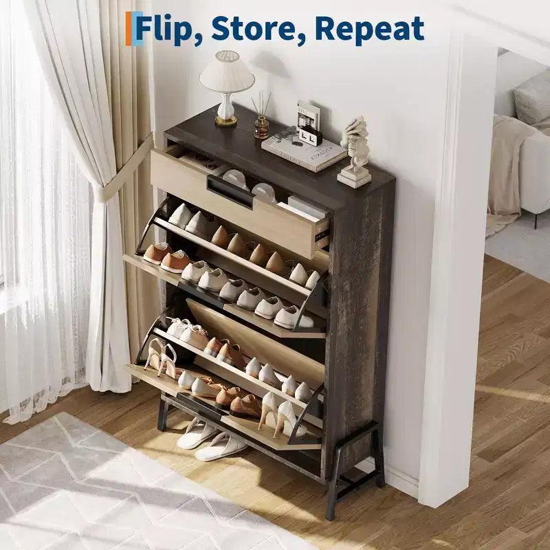 Shoe Cabinet with 2 Flip Drawers, Entryway Shoe Organizer with Drawer, Freestanding Hidden Narrow Shoe Rack Cabinet for Foyer, Hallway