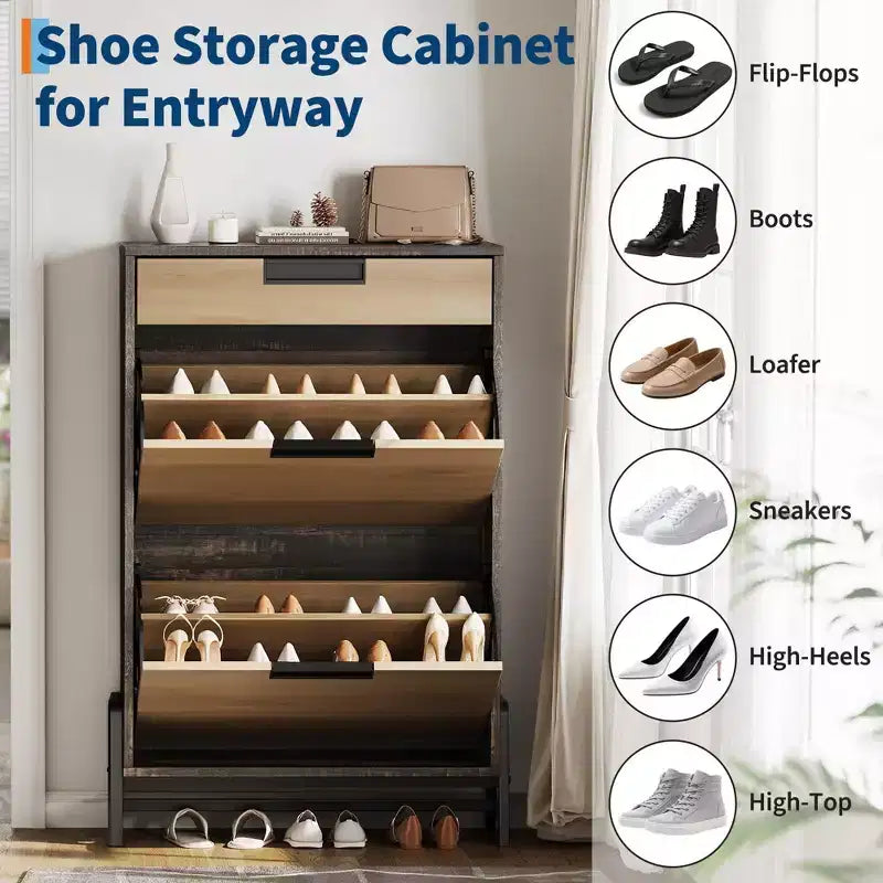 Shoe Cabinet with 2 Flip Drawers, Entryway Shoe Organizer with Drawer, Freestanding Hidden Narrow Shoe Rack Cabinet for Foyer, Hallway
