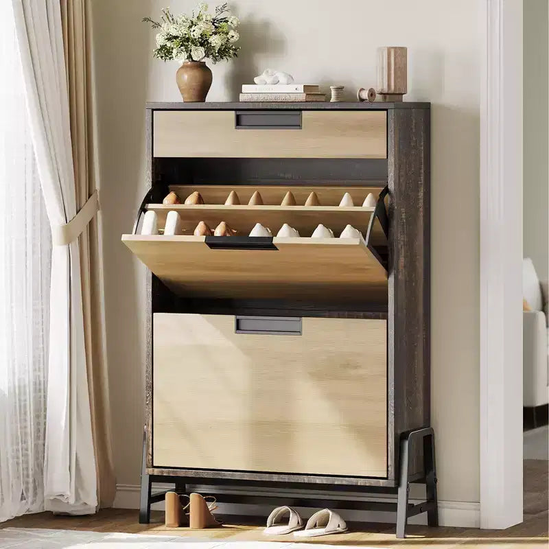 Coolmee Shoe Cabinet with 2 Flip Drawers, Entryway Shoe Organizer with Drawer, Freestanding Hidden Narrow Shoe Rack Cabinet for Foyer, Hallway