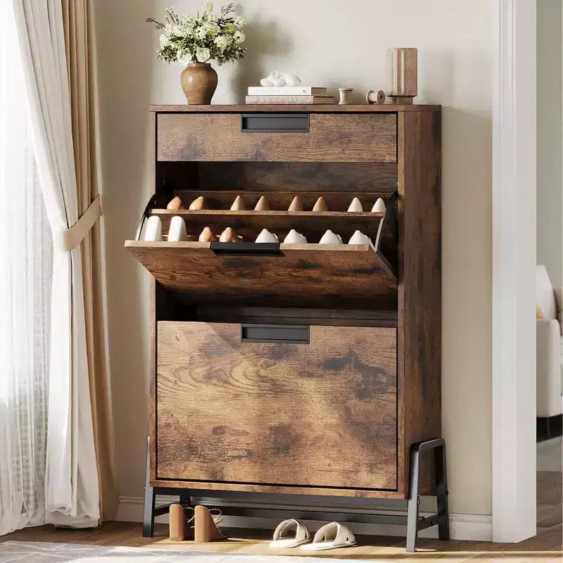 Shoe Cabinet with 2 Flip Drawers, Entryway Shoe Organizer with Drawer, Freestanding Hidden Narrow Shoe Rack Cabinet for Foyer, Hallway
