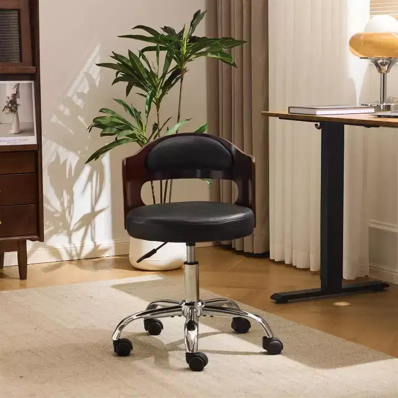 Armless Office Desk Chair, Dual-Use with or without Wheels, Adjustable Swivel Walnut Curved Task Chair for Study and Workspace