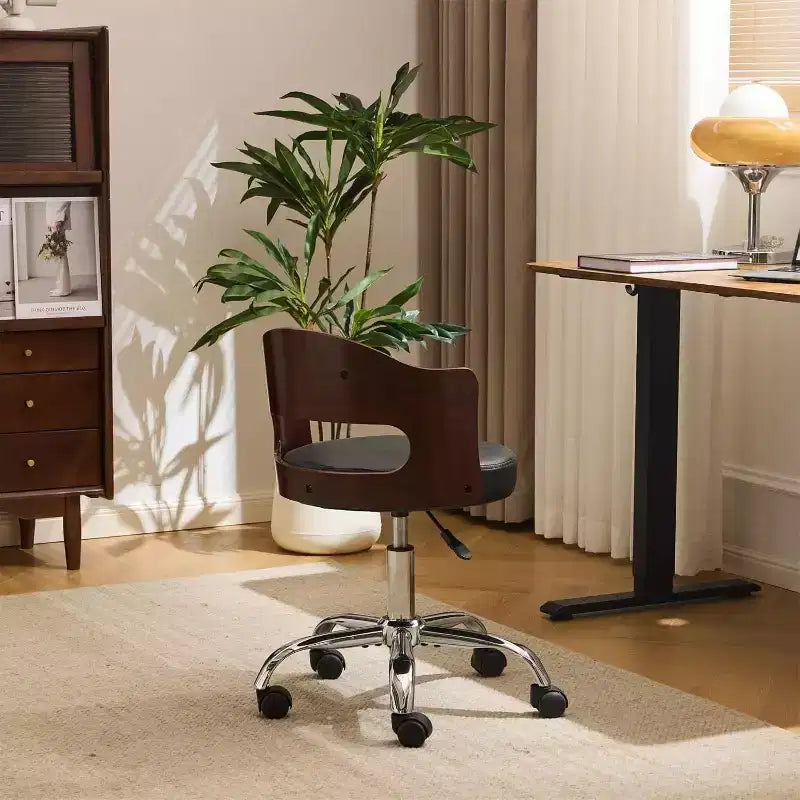 Armless Office Desk Chair, Dual-Use with or without Wheels, Adjustable Swivel Walnut Curved Task Chair for Study and Workspace