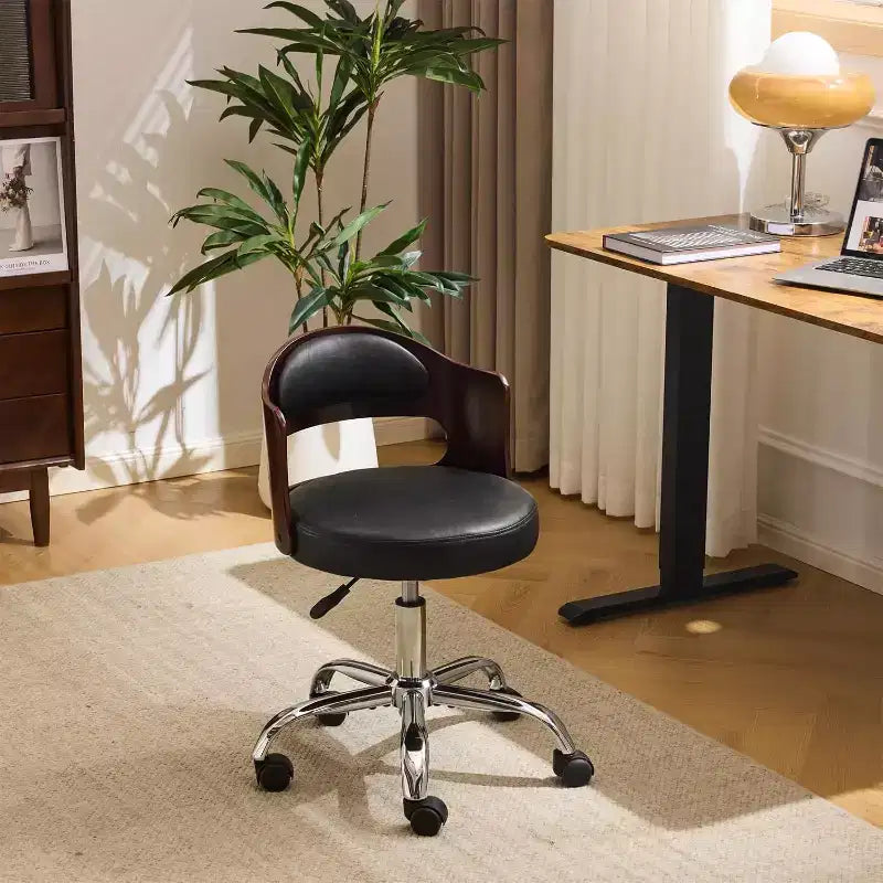 VINGLI Armless Office Desk Chair,,Dual-Use with/no Wheels,Small Adjustable Swivel Walnut Curved Task Chair for Study Area,Workspace,PU