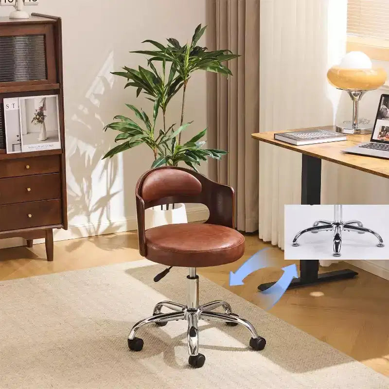 Armless Office Desk Chair, Dual-Use with or without Wheels, Adjustable Swivel Walnut Curved Task Chair for Study and Workspace
