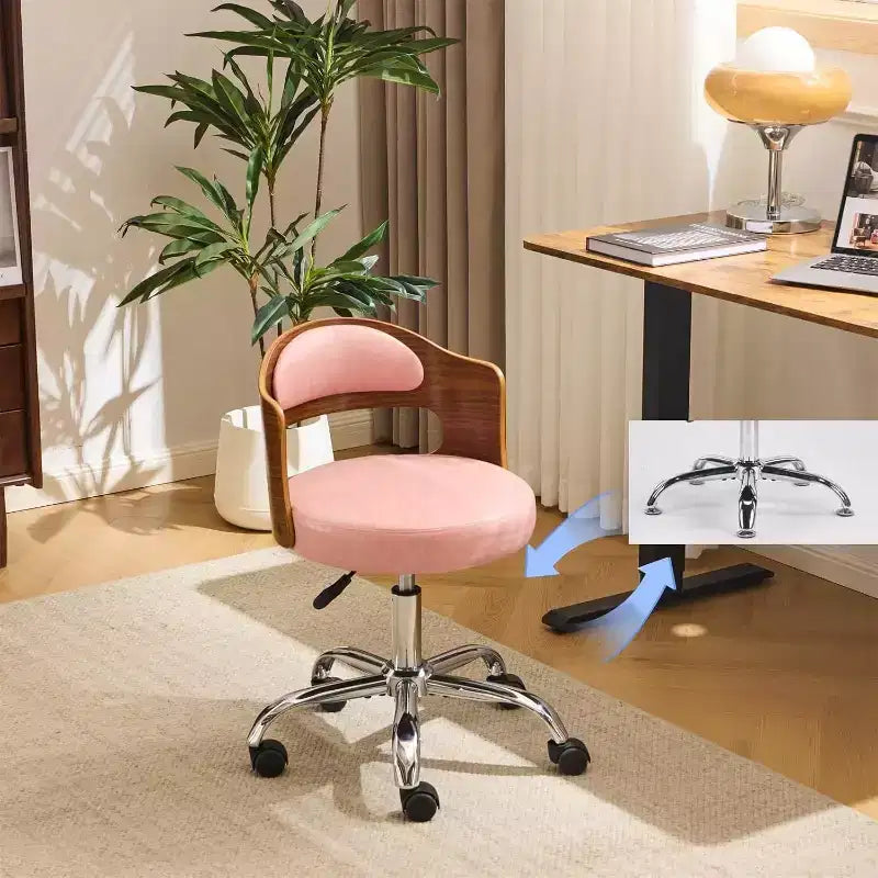 Armless Office Desk Chair, Dual-Use with or without Wheels, Adjustable Swivel Walnut Curved Task Chair for Study and Workspace