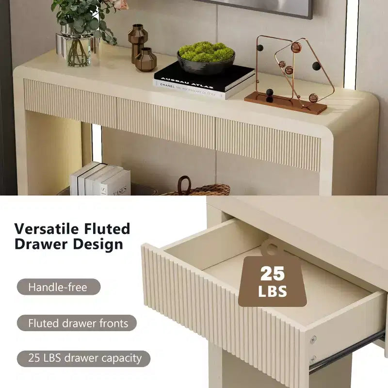 Rustic Modern Console Table with 3 Fluted Drawers, Entryway Hallway Accent Table