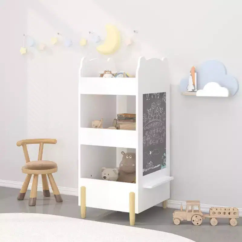 Kids Bookshelf with Chalkboard Side C Bear-Shaped Wooden Bookcase with 3-Tier Storage, Drawing Board for Toddlers