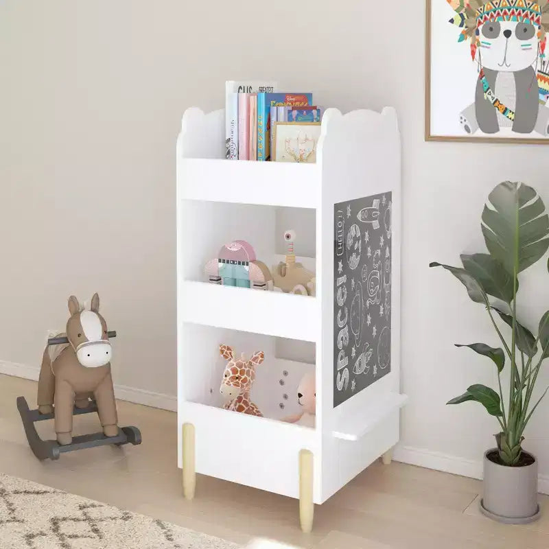 Kids Bookshelf with Chalkboard Side C Bear-Shaped Wooden Bookcase with 3-Tier Storage, Drawing Board for Toddlers